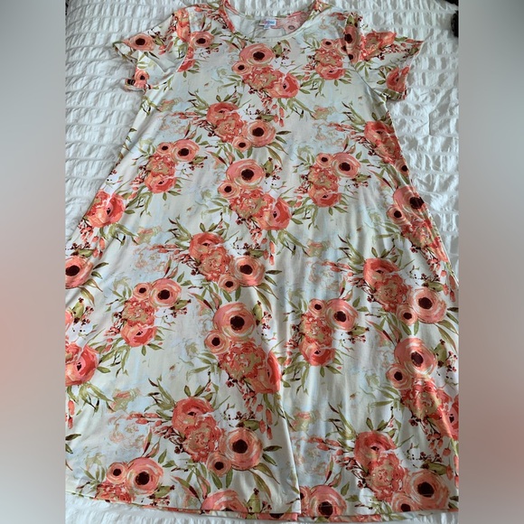 LuLaRoe Floral Short-Sleeve Swing Dress in Coral on Cream - Picture 5 of 16